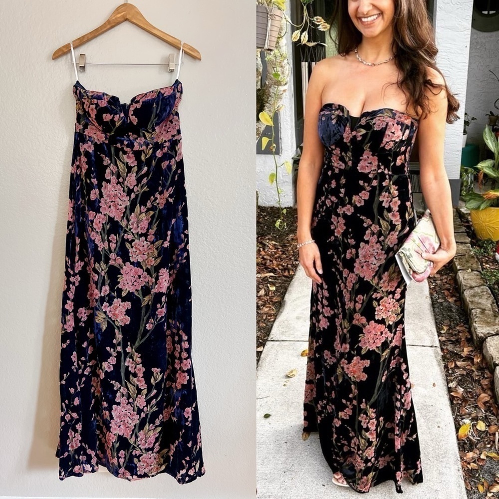 Bloom In Mind Navy Blue Floral Print Velvet Strapless Maxi Dress